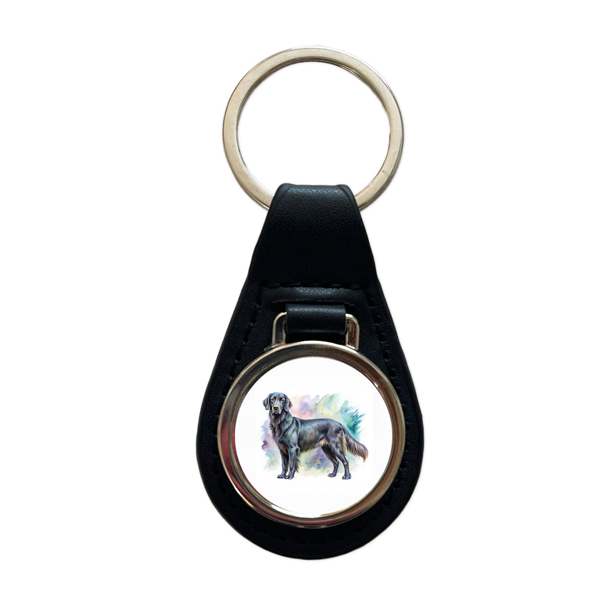 Flat Coated Retriever Dog Watercolor Style Black Leather Metal Keychain