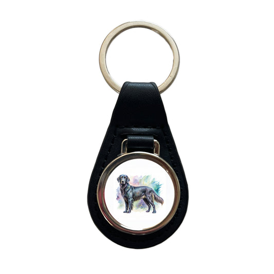 Flat Coated Retriever Dog Watercolor Style Black Leather Metal Keychain