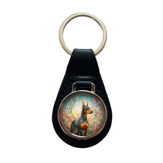 German Pinscher Dog Art Nouveau Black Leather Metal Keychain