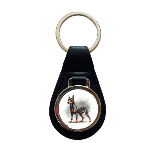 German Pinscher Dog Illustration Black Leather Metal Keychain