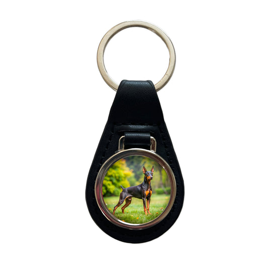 German Pinscher Dog Photo Black Leather Metal Keychain