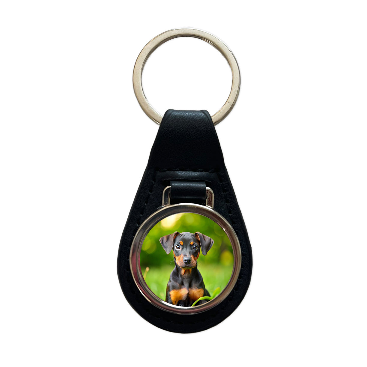 German Pinscher Dog Puppy Photo Black Leather Metal Keychain