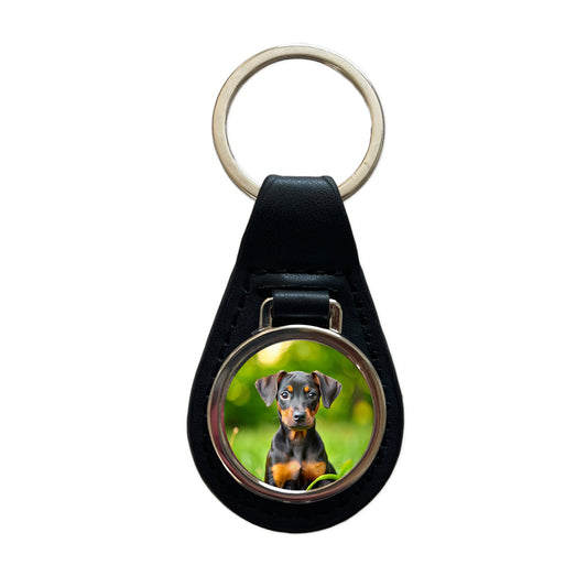 German Pinscher Dog Puppy Photo Black Leather Metal Keychain