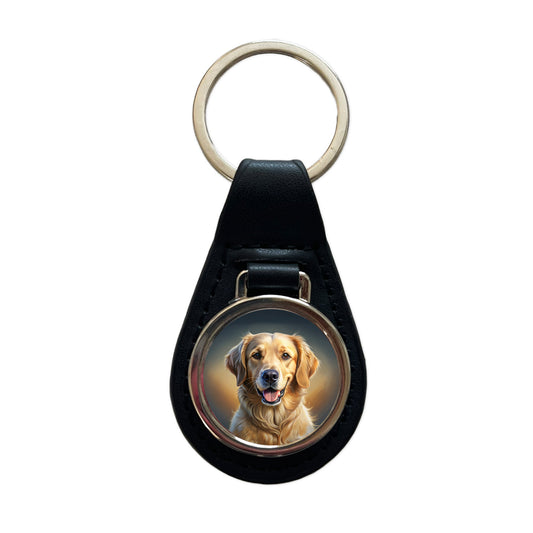 Goldador Dog Illustration Black Leather Metal Keychain