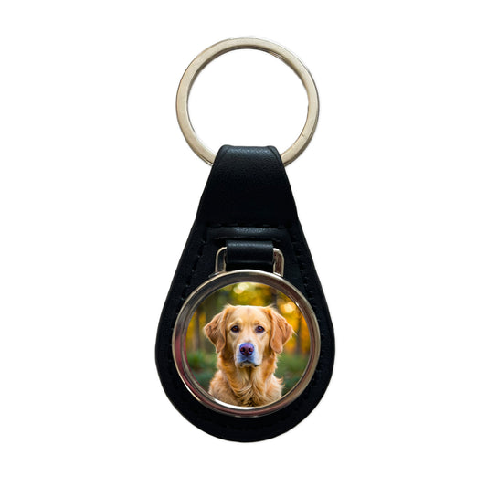 Goldador Dog Photo Black Leather Metal Keychain