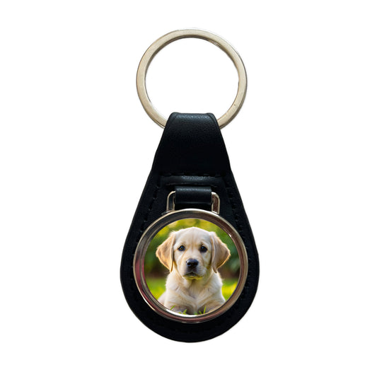 Goldador Dog Puppy Photo Black Leather Metal Keychain