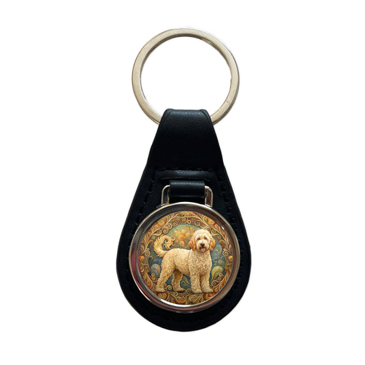 Goldendoodle Dog Art Nouveau Black Leather Metal Keychain