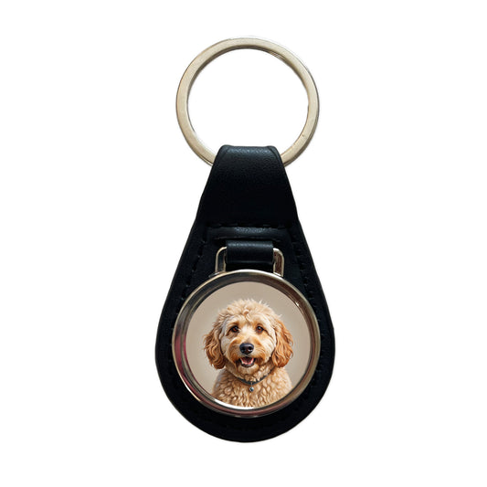 Goldendoodle Dog Illustration Black Leather Metal Keychain