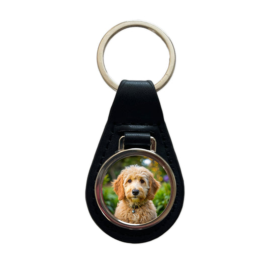 Goldendoodle Dog Photo Black Leather Metal Keychain