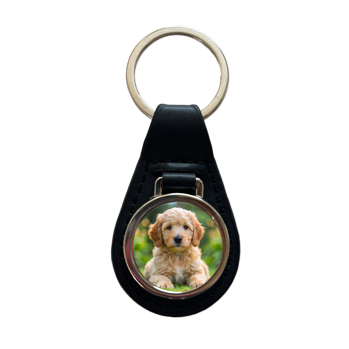 Goldendoodle Dog Puppy Photo Black Leather Metal Keychain