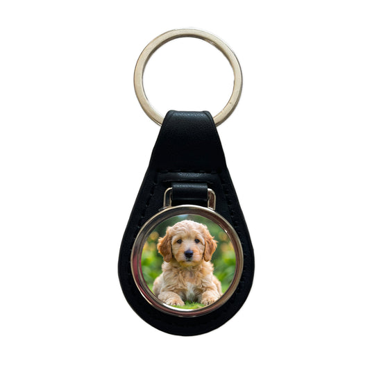 Goldendoodle Dog Puppy Photo Black Leather Metal Keychain