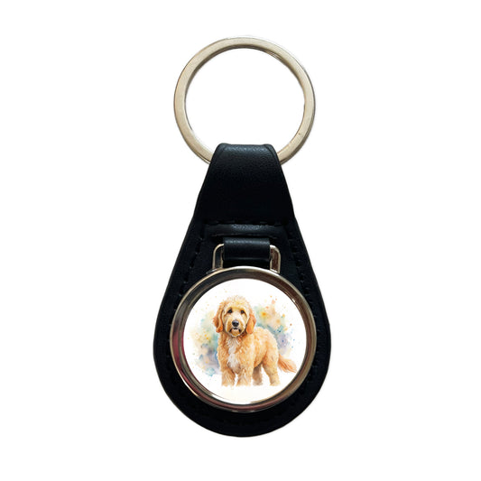 Goldendoodle Dog Watercolor Style Black Leather Metal Keychain