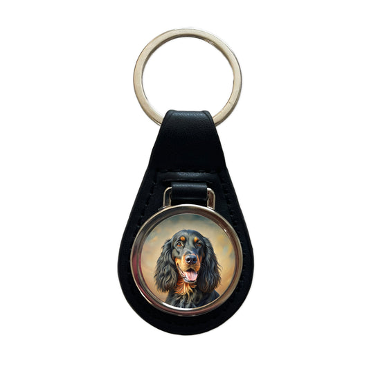 Gordon Setter Dog Illustration Black Leather Metal Keychain