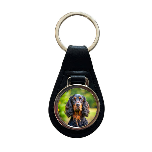 Gordon Setter Dog Photo Black Leather Metal Keychain