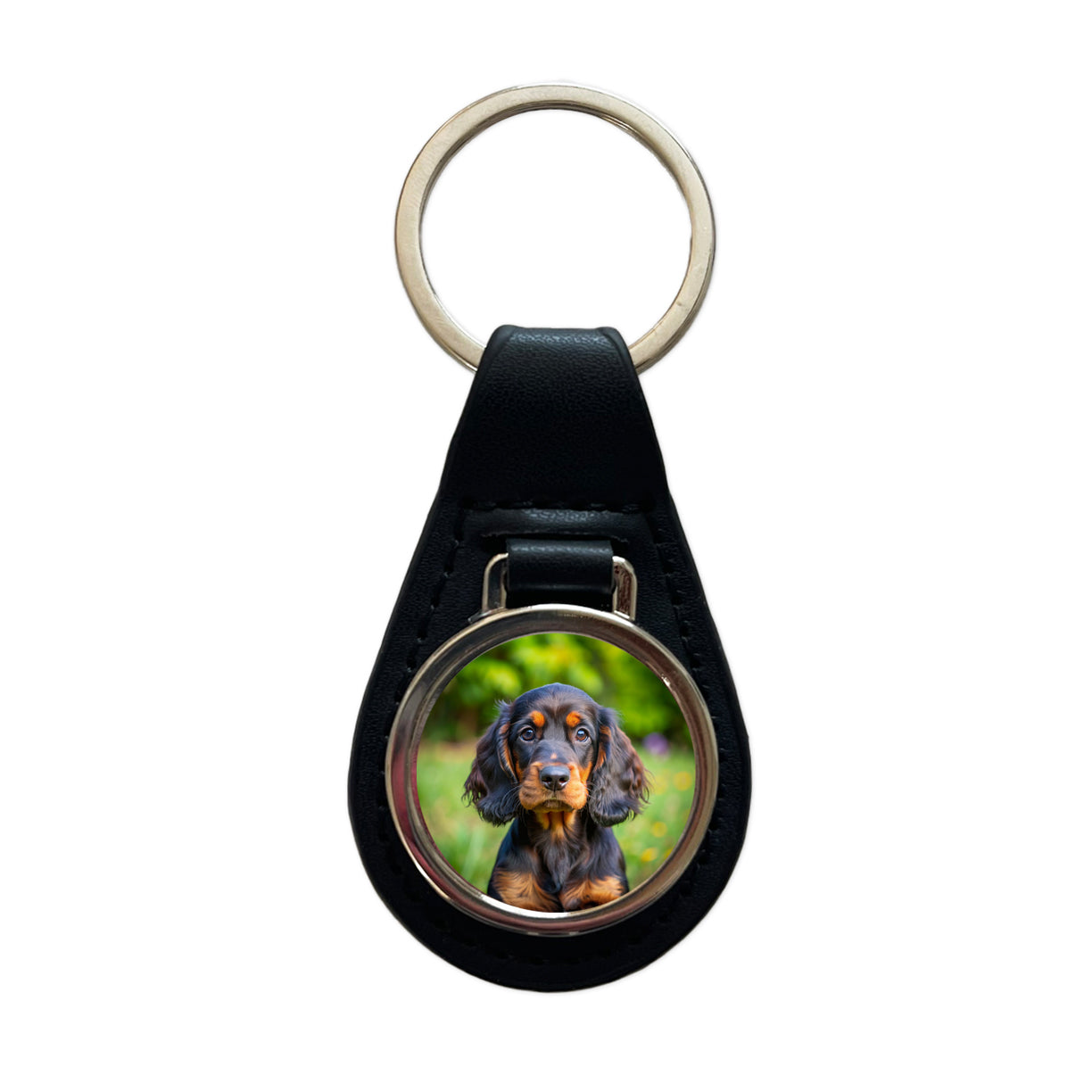 Gordon Setter Dog Puppy Photo Black Leather Metal Keychain