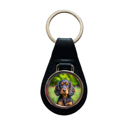 Gordon Setter Dog Puppy Photo Black Leather Metal Keychain