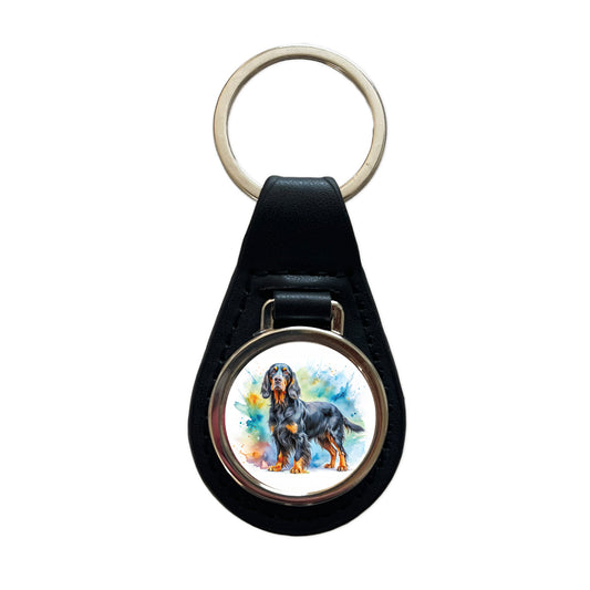 Gordon Setter Dog Watercolor Style Black Leather Metal Keychain