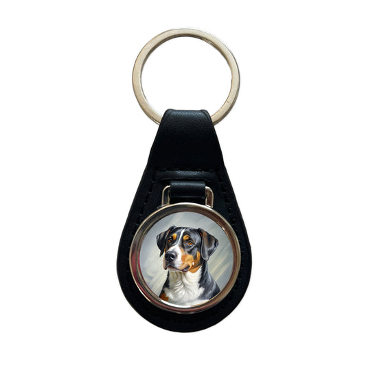 Greater Swiss Mountain Dog Illustration Black Leather Metal Keychain