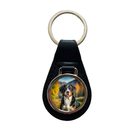 Greater Swiss Mountain Dog Photo Black Leather Metal Keychain