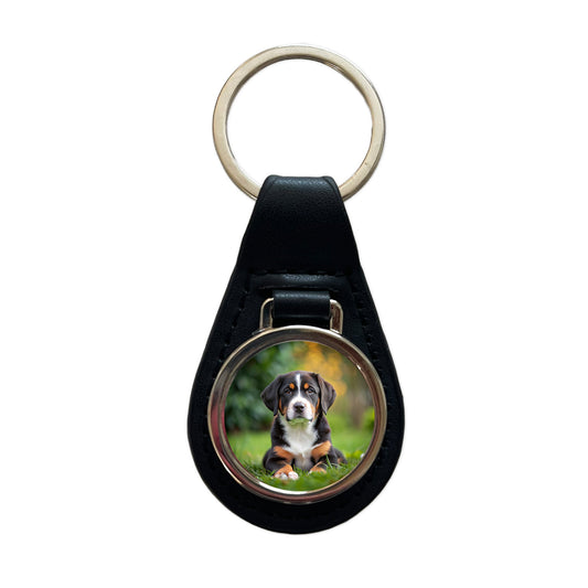 Greater Swiss Mountain Dog Puppy Photo Black Leather Metal Keychain