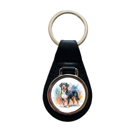 Greater Swiss Mountain Dog Watercolor Style Black Leather Metal Keychain