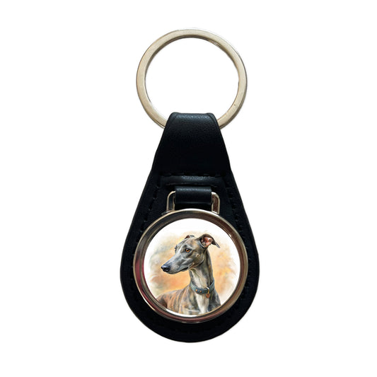 Greyhound Dog Illustration Black Leather Metal Keychain