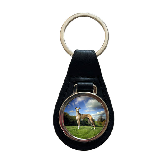 Greyhound Dog Photo Black Leather Metal Keychain