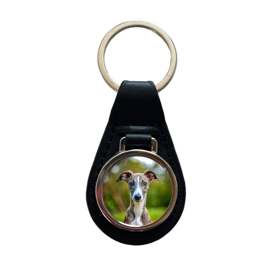 Greyhound Dog Puppy Photo Black Leather Metal Keychain