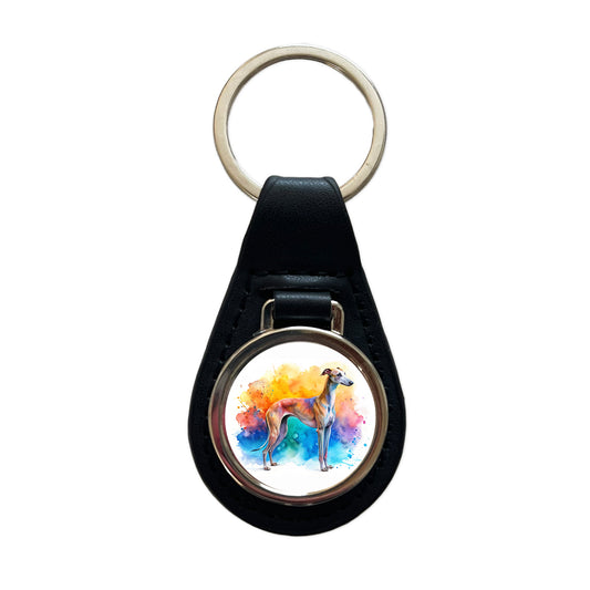 Greyhound Dog Watercolor Style Black Leather Metal Keychain