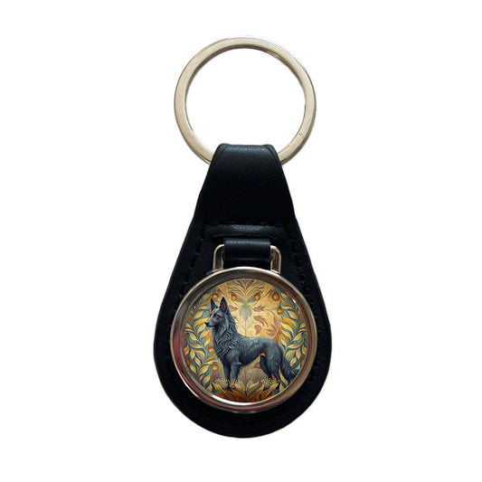Groenendael Belgian Sheepdog Dog Art Nouveau Black Leather Metal Keychain