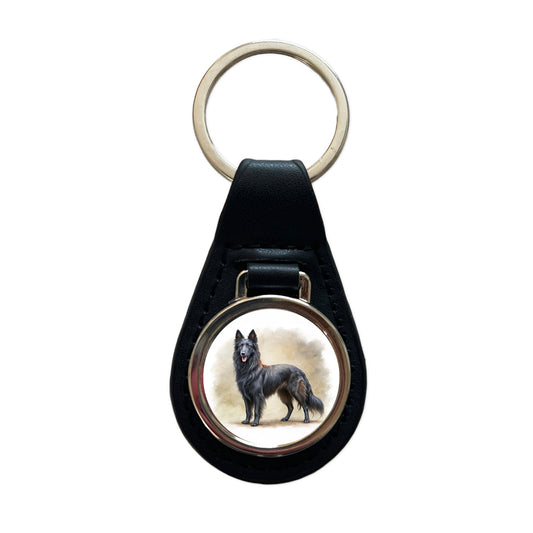 Groenendael Belgian Sheepdog Dog Illustration Black Leather Metal Keychain