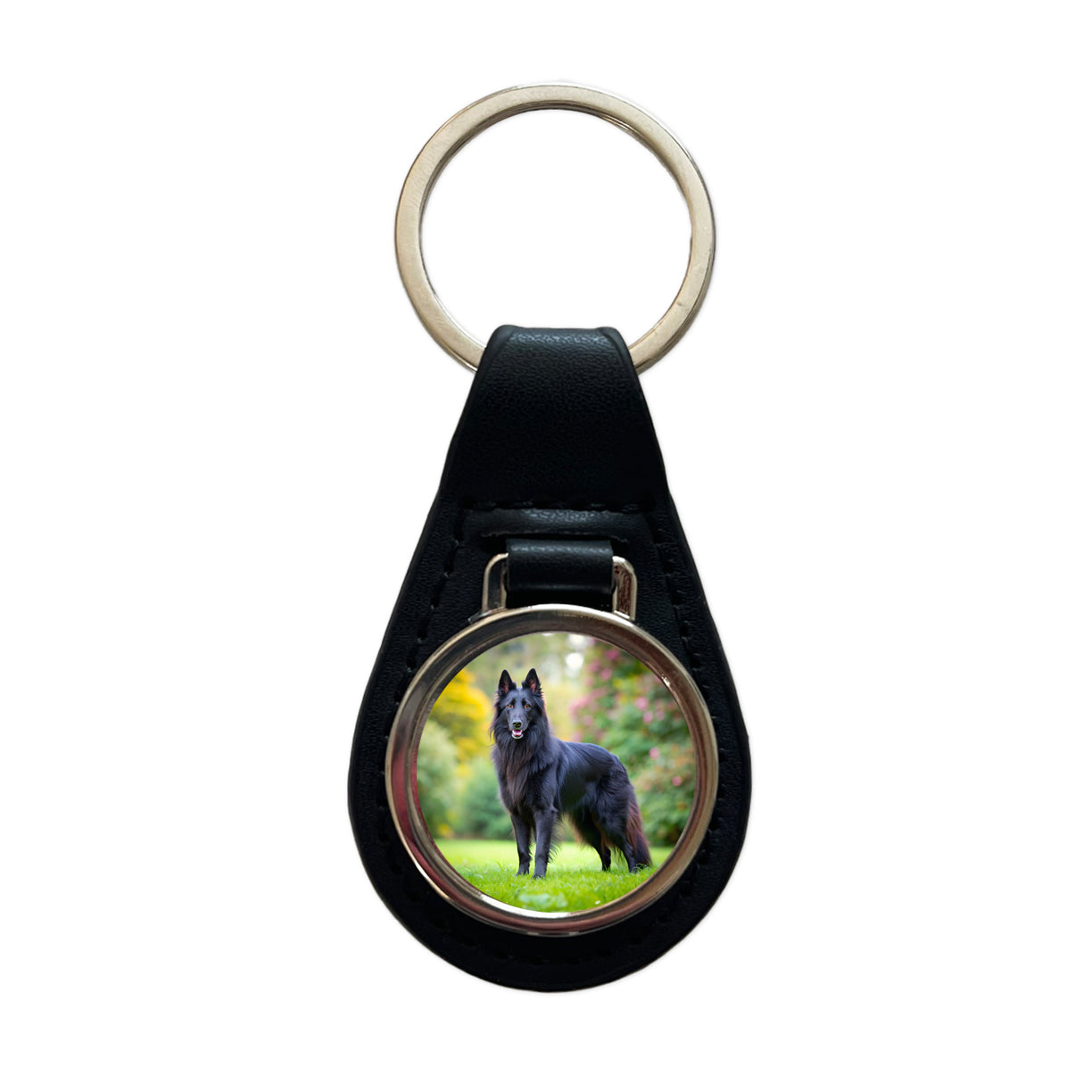 Groenendael Belgian Sheepdog Dog Photo Black Leather Metal Keychain