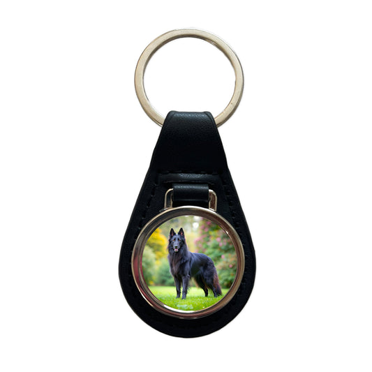 Groenendael Belgian Sheepdog Dog Photo Black Leather Metal Keychain