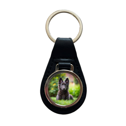 Groenendael Belgian Sheepdog Dog Puppy Photo Black Leather Metal Keychain