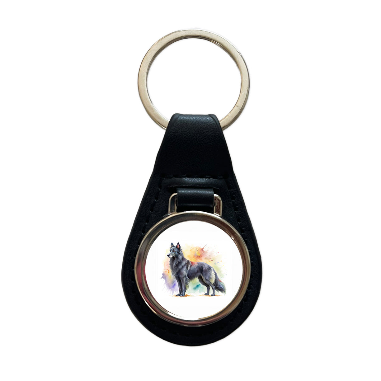 Groenendael Belgian Sheepdog Dog Watercolor Style Black Leather Metal Keychain