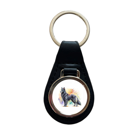 Groenendael Belgian Sheepdog Dog Watercolor Style Black Leather Metal Keychain