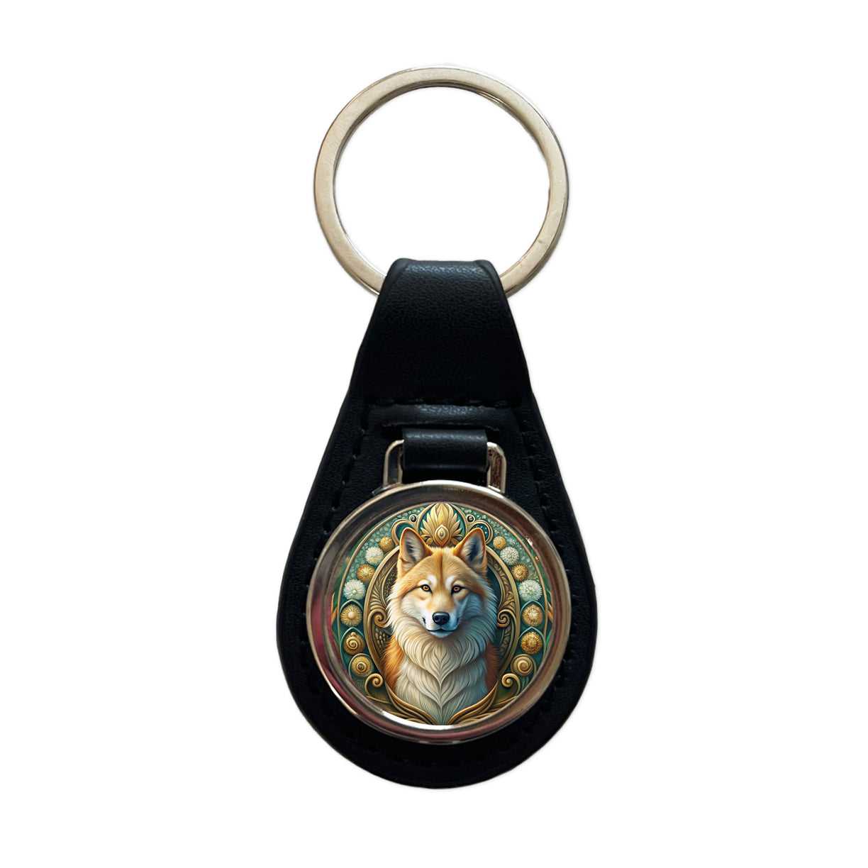 Icelandic Sheepdog Dog Art Nouveau Black Leather Metal Keychain