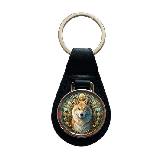 Icelandic Sheepdog Dog Art Nouveau Black Leather Metal Keychain
