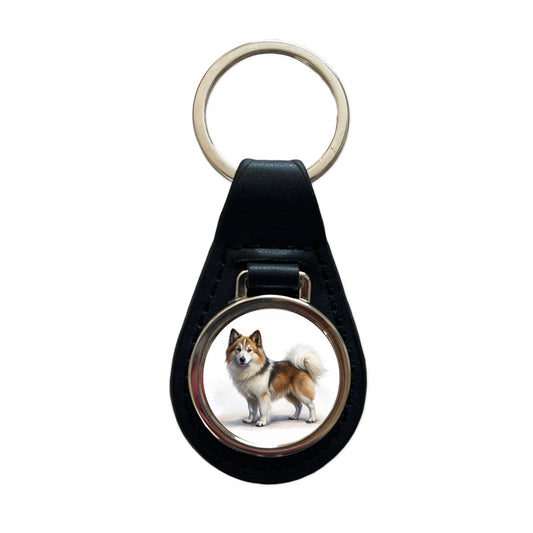 Icelandic Sheepdog Dog Illustration Black Leather Metal Keychain