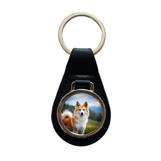 Icelandic Sheepdog Dog Photo Black Leather Metal Keychain