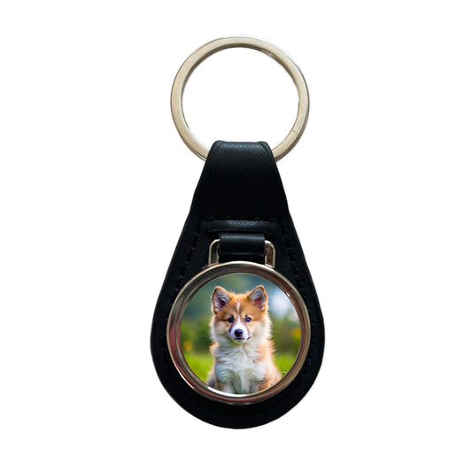 Icelandic Sheepdog Dog Puppy Photo Black Leather Metal Keychain