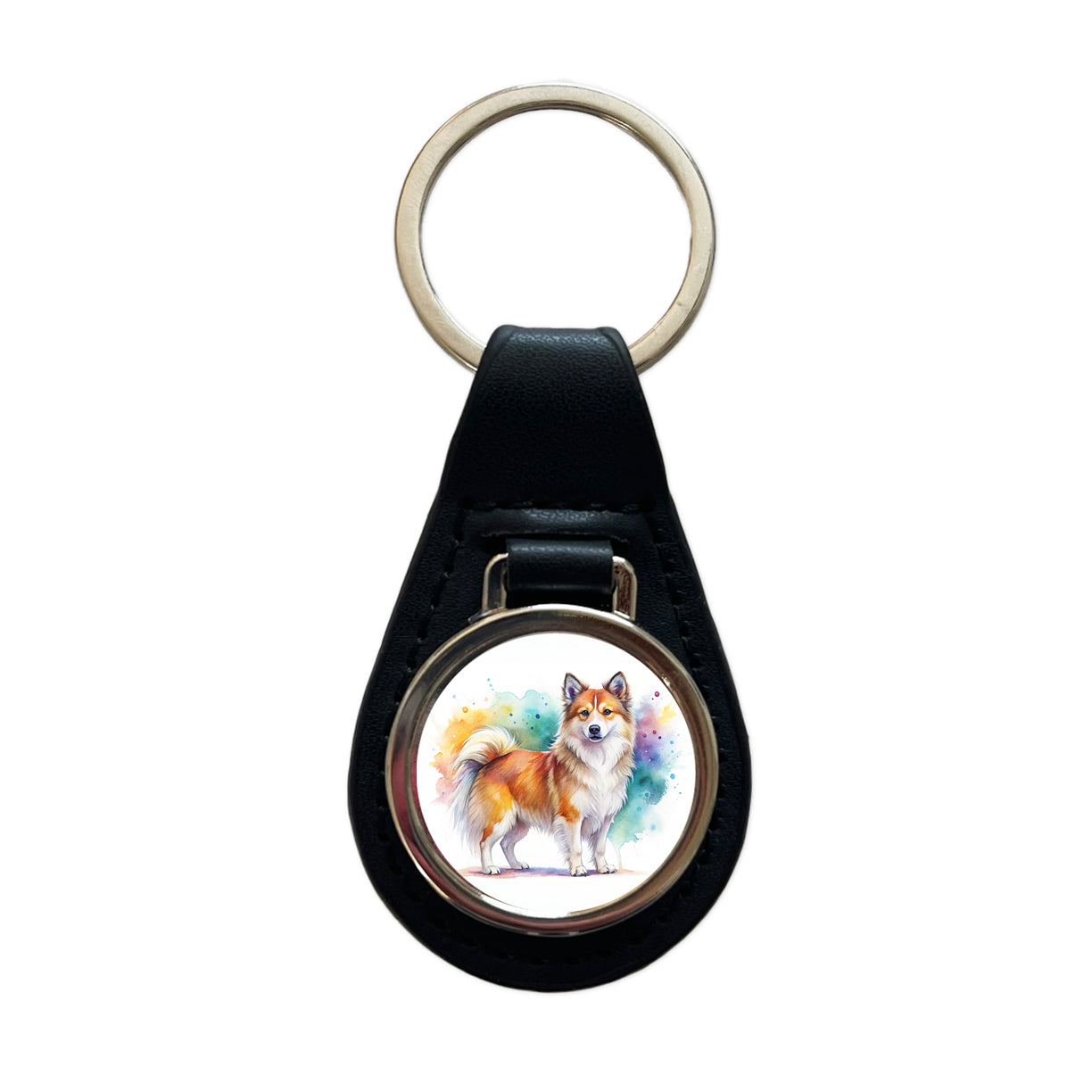 Icelandic Sheepdog Dog Watercolor Style Black Leather Metal Keychain