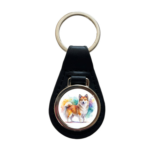 Icelandic Sheepdog Dog Watercolor Style Black Leather Metal Keychain
