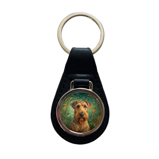 Irish Terrier Dog Art Nouveau Black Leather Metal Keychain