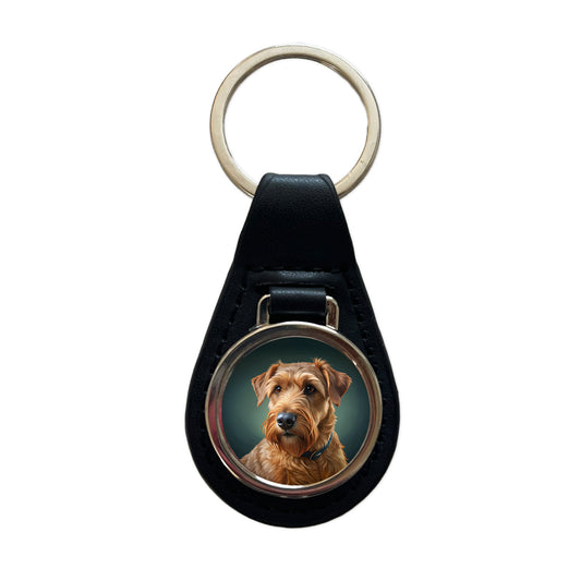 Irish Terrier Dog Illustration Black Leather Metal Keychain