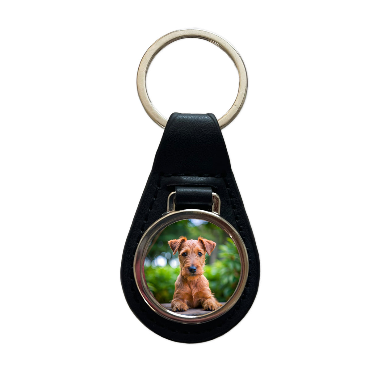 Irish Terrier Dog Puppy Photo Black Leather Metal Keychain
