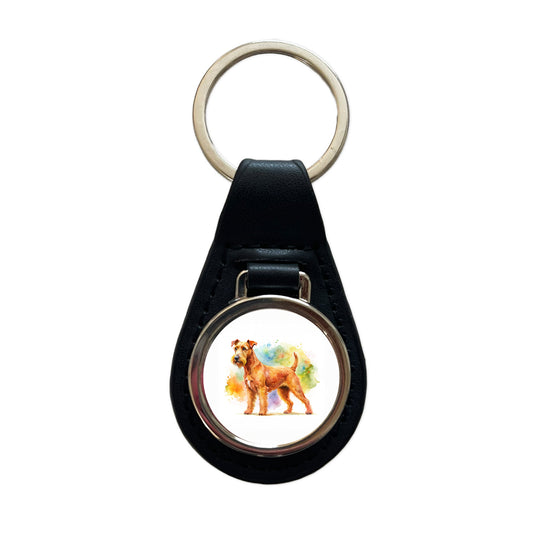 Irish Terrier Dog Watercolor Style Black Leather Metal Keychain