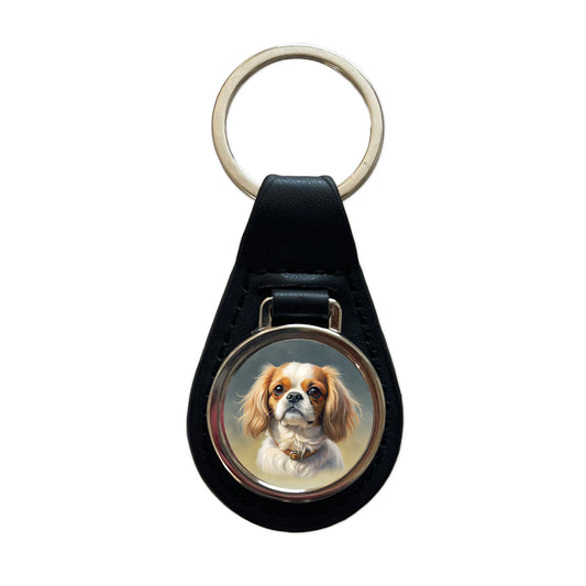 Japanese Chin Dog Illustration Black Leather Metal Keychain