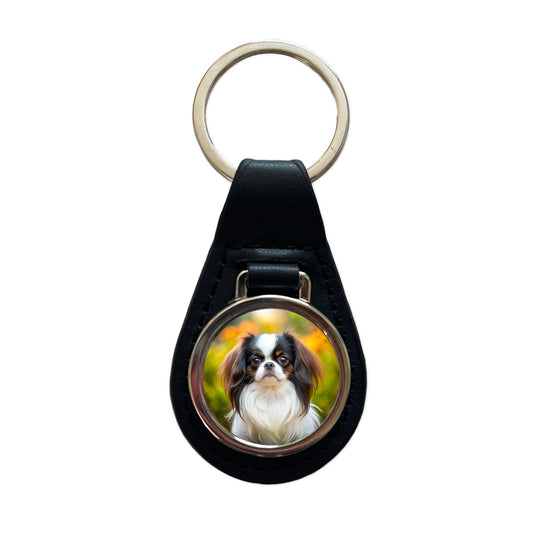 Japanese Chin Dog Photo Black Leather Metal Keychain