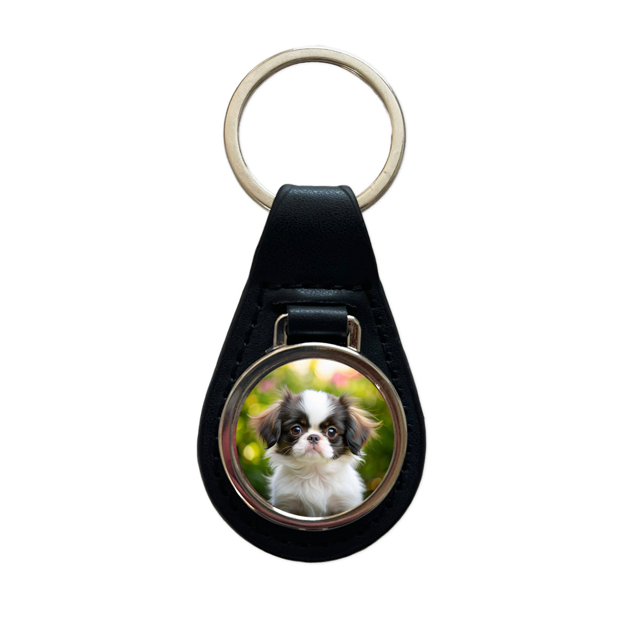 Japanese Chin Dog Puppy Photo Black Leather Metal Keychain